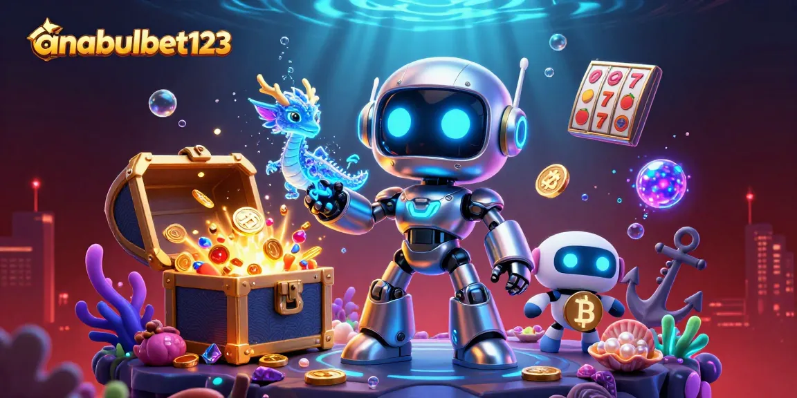 Gambarkan anabulbet123 dengan robot 3D kartun futuristik dan elemen kasino menarik.