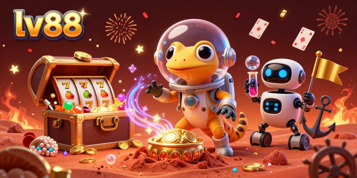 Experience the excitement of lv88's casino world through a vibrant Martian scene filled with treasures and game symbols.