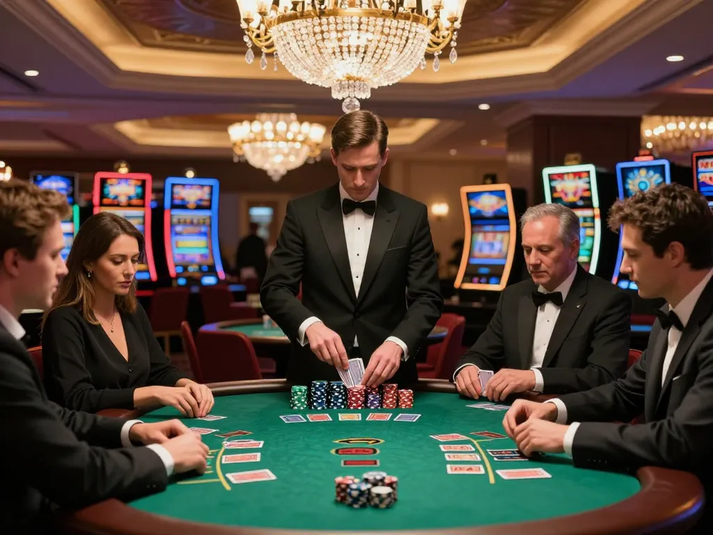 mb66an players strategize at an elegant blackjack table in a vibrant casino