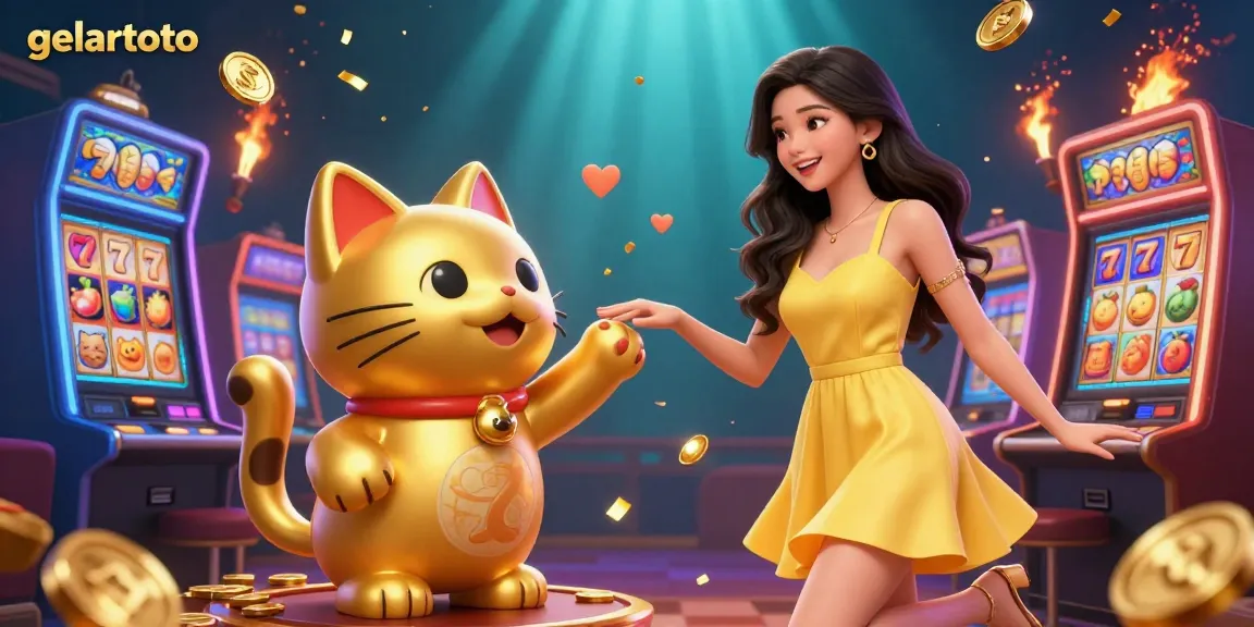 Engage with gelartoto's exciting slots scene featuring a cheerful woman and a lucky cat.