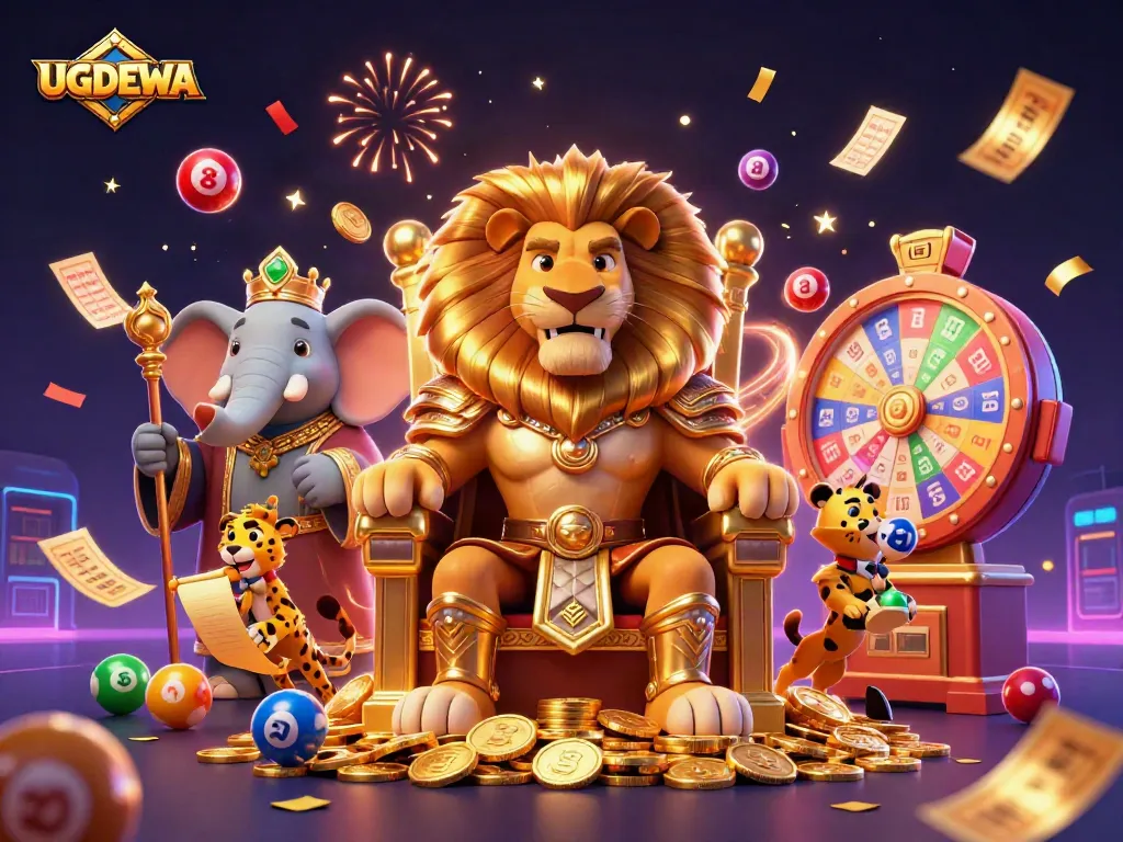 Engage with UGDEWA's vibrant gaming world featuring a royal lion king and a flurry of lottery elements.