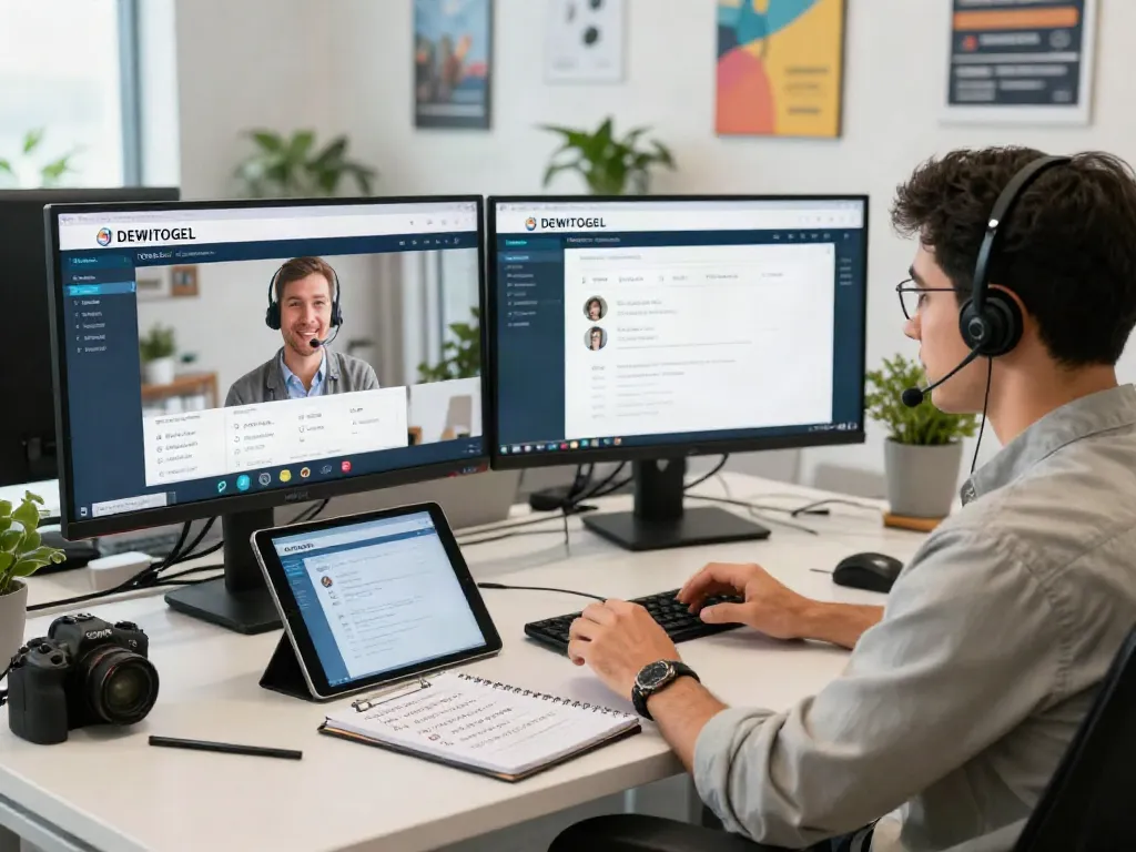 Operator layanan DEWITOGEL memberikan dukungan cepat kepada pelanggan dalam suasana kantor modern.