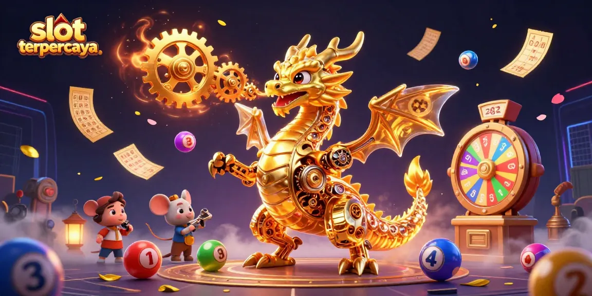 Permainan slot terpercaya dengan naga emas mekanis dan bola lotere berwarna-warni dalam suasana menghibur.
