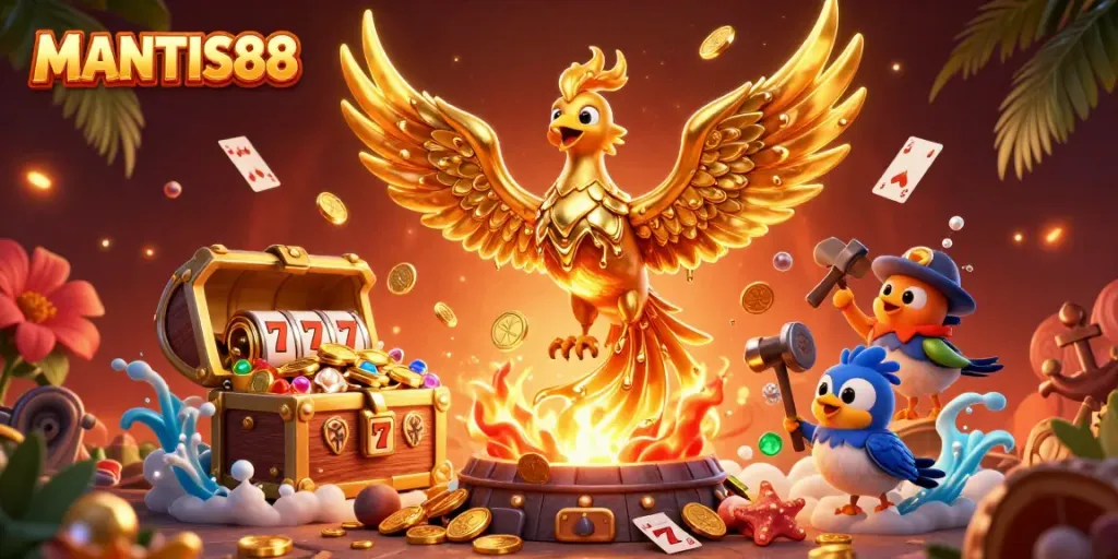 MANTIS88 showcases a vibrant scene of a phoenix and sparrow assistants amidst slot reels and treasure in a dynamic casino setting.