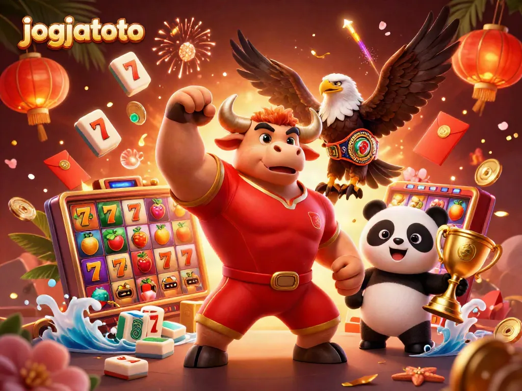 Experience thrilling gameplay at jogjatoto with charismatic characters and vibrant casino elements celebrating victory.