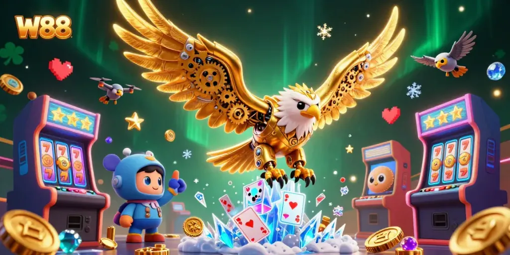 Experience thrilling wins at W88 with vibrant gameplay featuring a cybernetic eagle and holographic cards.