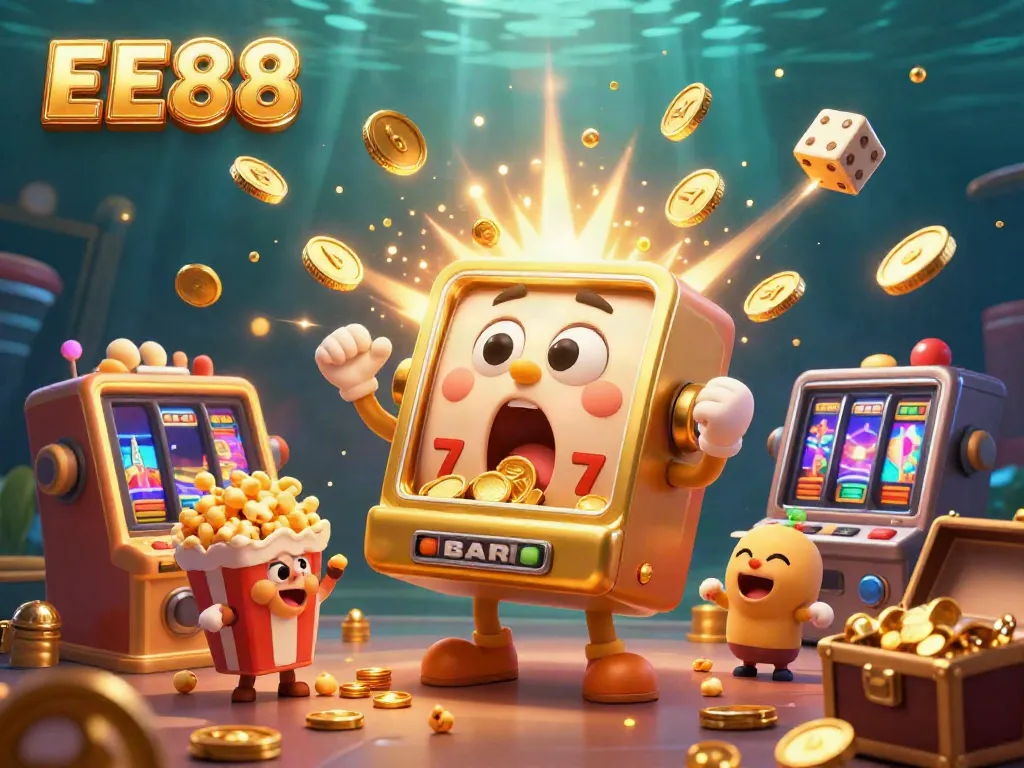 Experience EE88 with golden slot machines celebrating jackpots amidst a lively casino atmosphere.