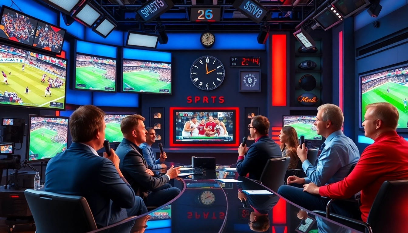 Dynamic scene capturing Sports Broadcasting team engaged in lively discussion on live events.
