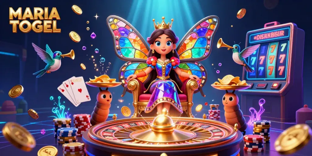 MARIATOGEL showcases a vibrant and dynamic casino illustration featuring a butterfly queen and gaming elements.