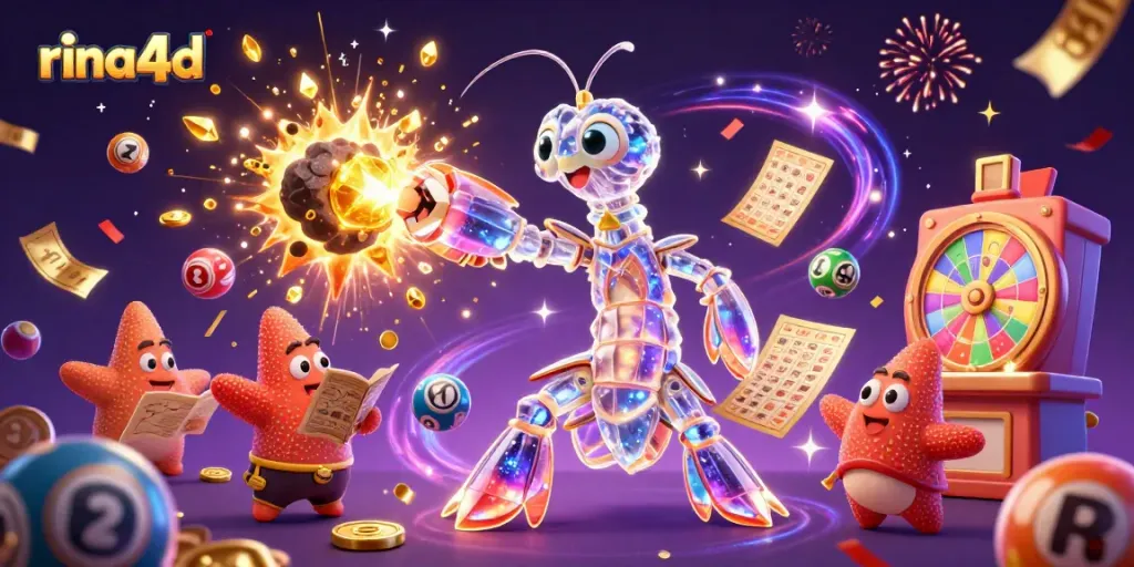 Engage with rina4d lottery excitement as a cartoon mantis shrimp battles asteroids amidst flying lottery elements.