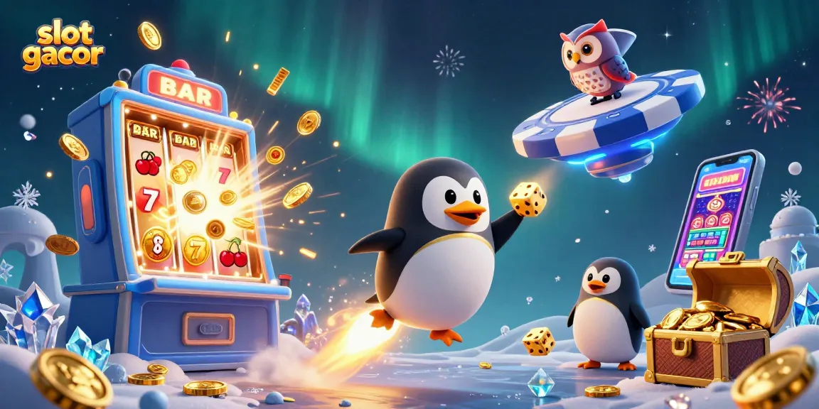 Slot gacor mendebarkan dengan penguin emas dan jackpot berlimpah dalam ilustrasi kasino 3D yang meriah.