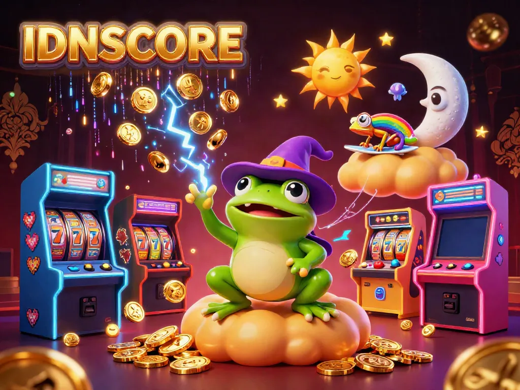 Experience the thrill of IDNSCORE with sparkling casino elements and magical creatures in a vivid digital illustration.
