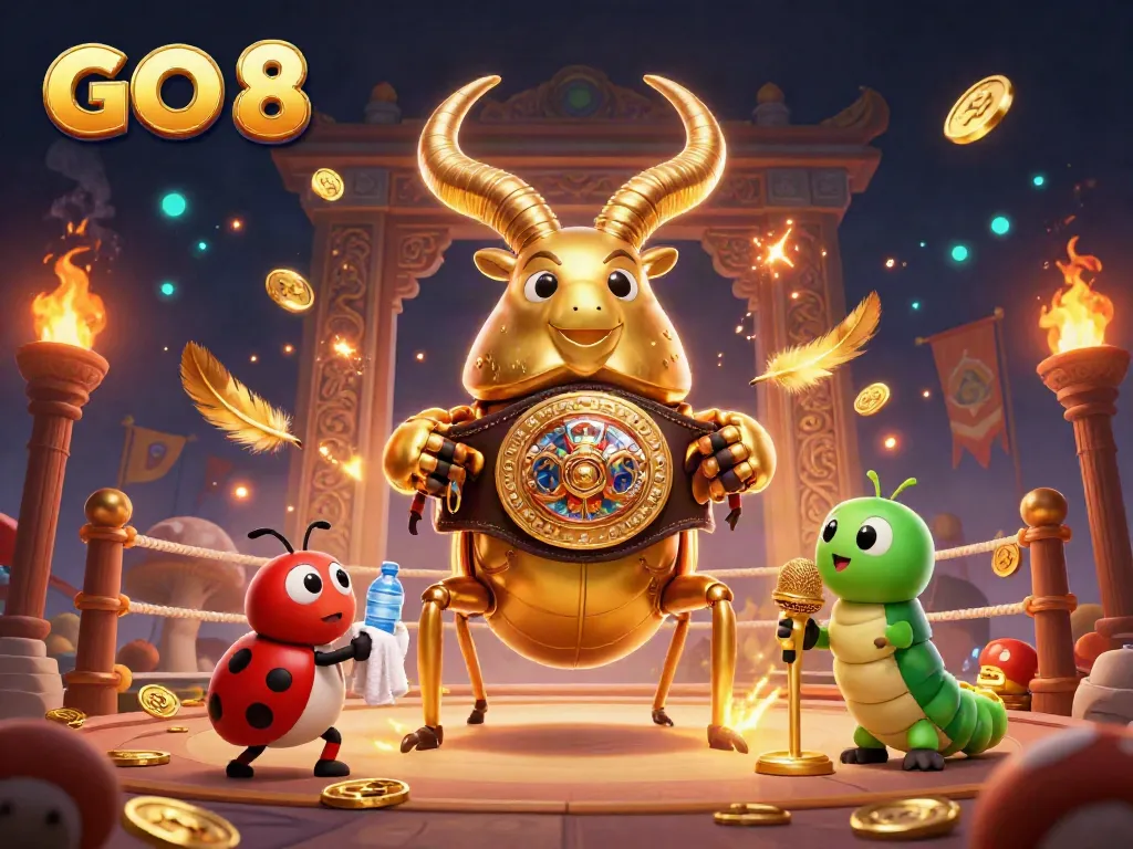 Engage in GO 8 betting battles with a colorful dynamic casino scene featuring playful characters.