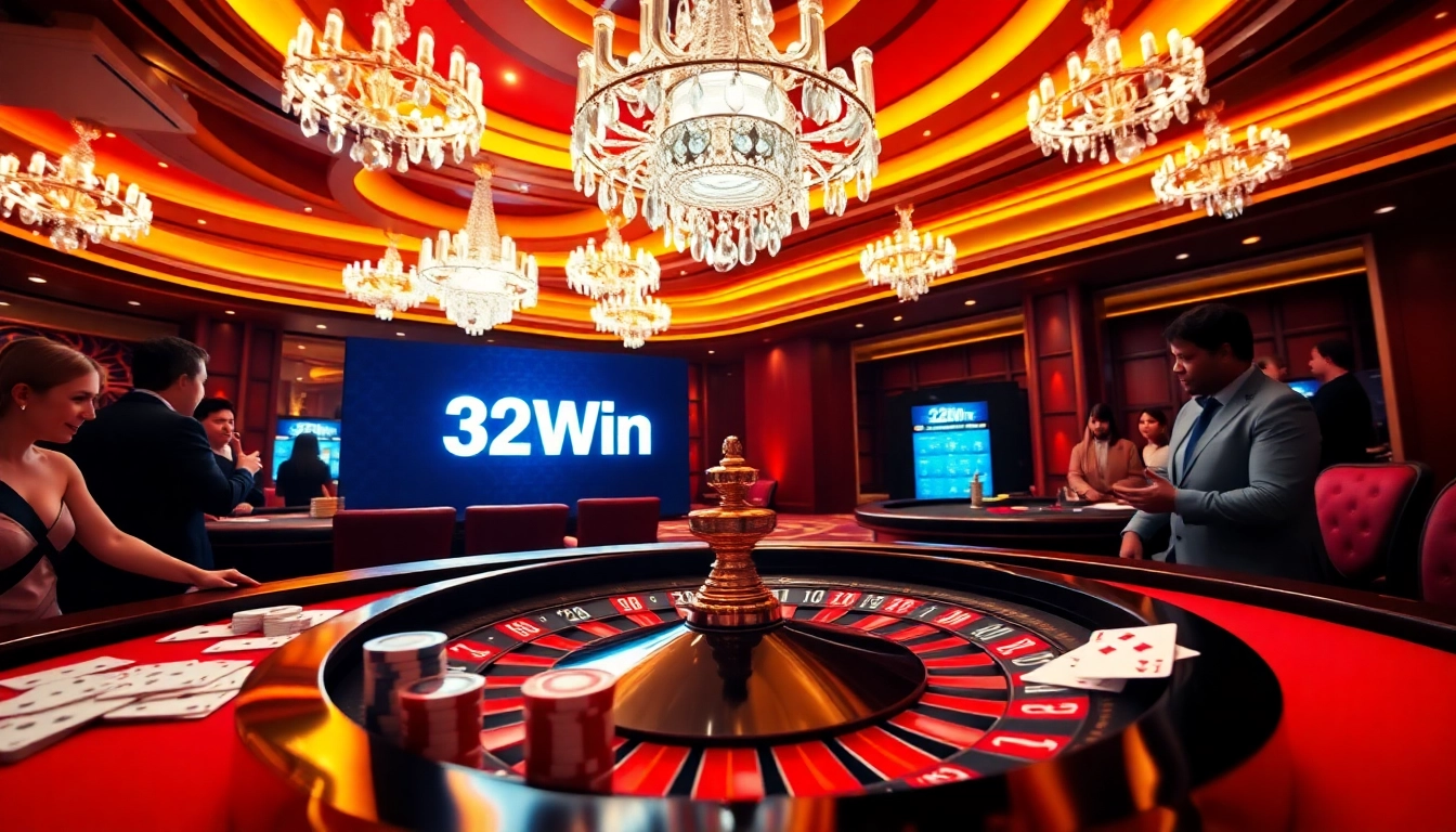 Engaging scene of players at a roulette table with 32Win logo, exuding excitement and luxury.