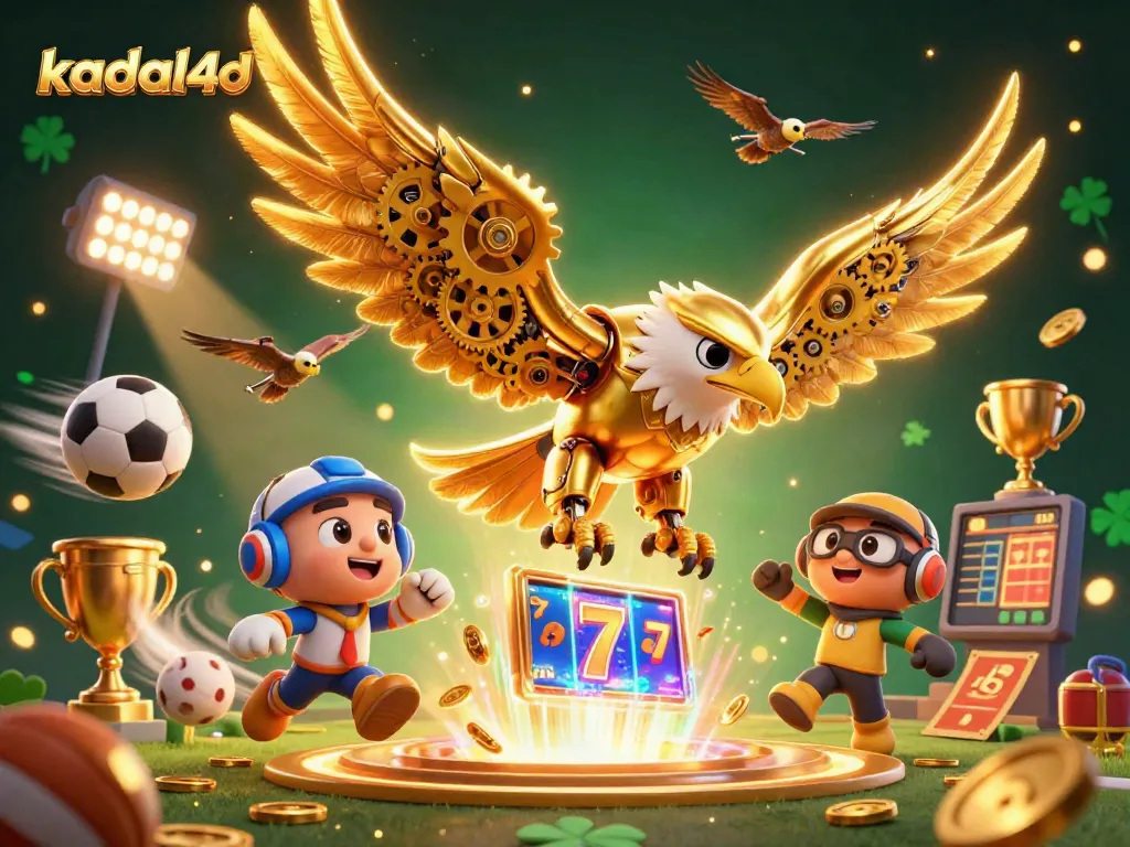 Kadal4d showcases a vibrant 3D scene featuring a golden eagle diving through slot reels amidst animated game elements.