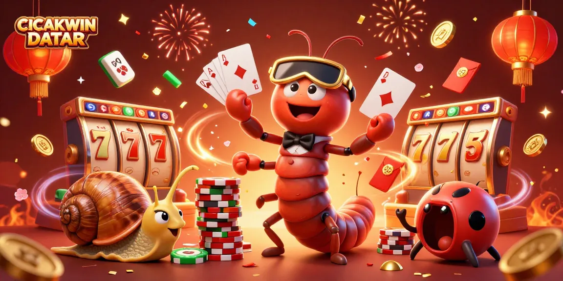 CICAKWIN DATAR brings excitement with a millipede dealer at a vibrant casino scene showcasing winning slots, cards, and chips.