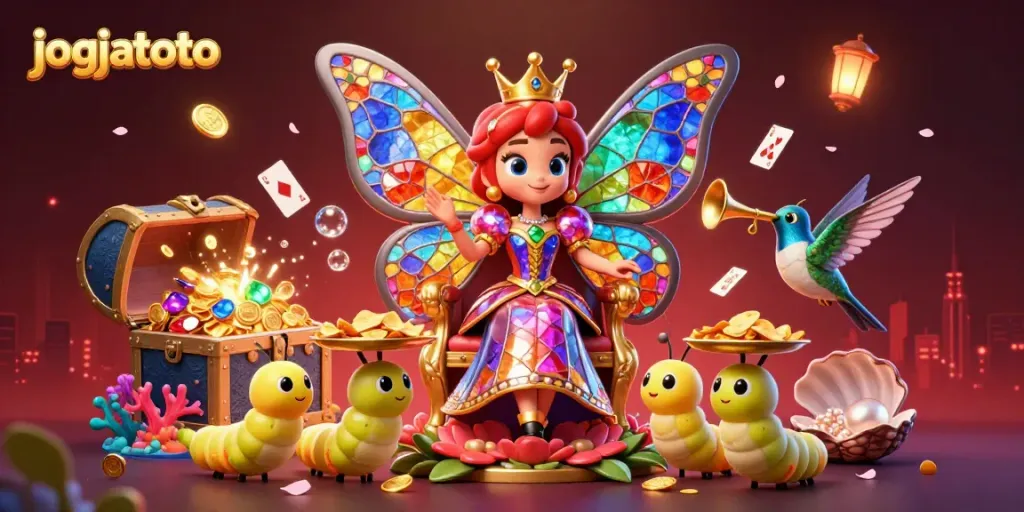 Experience the exciting world of jogjatoto with a vibrant scene featuring a butterfly queen and golden treasures.