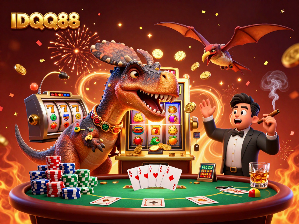 Experience IDQQ88 action with a pachycephalosaurus at a casino, celebrating a jackpot win!
