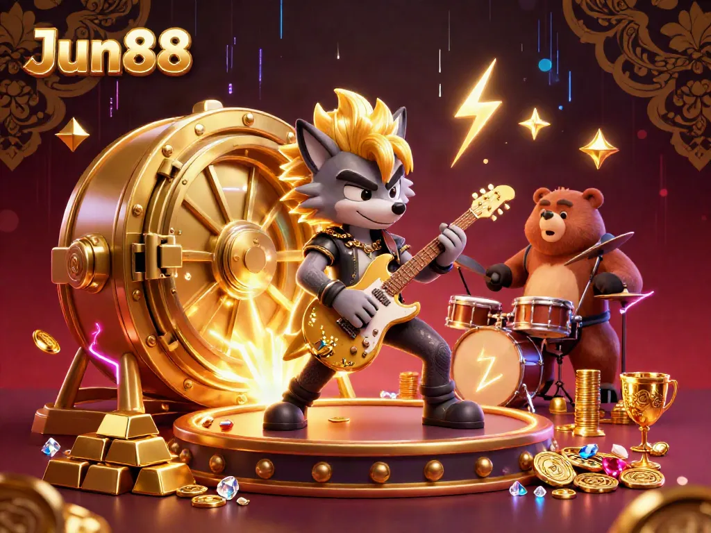 Experience thrilling gameplay at Jun88 with a vibrant casino scene featuring a rock star wolf, dazzling treasures, and energetic atmosphere.