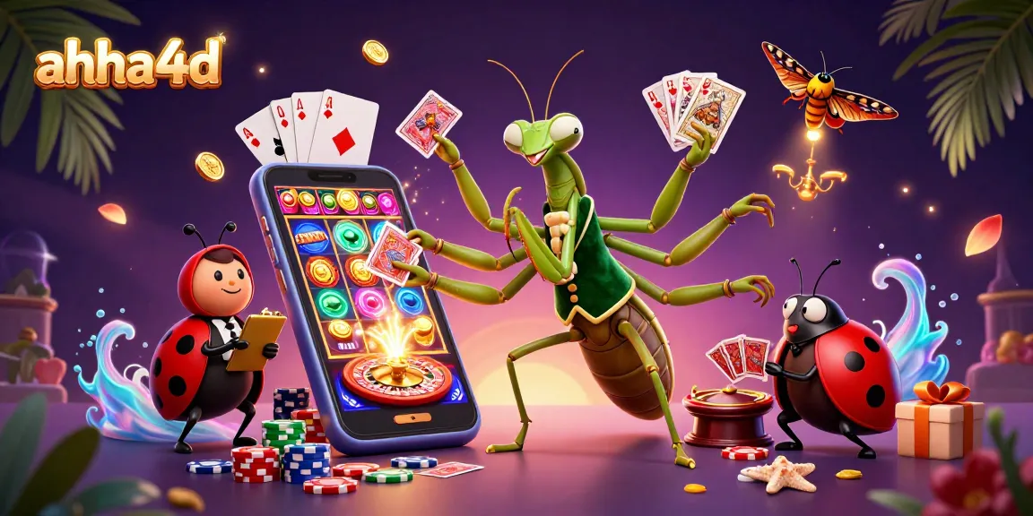 Interact with ahha4d's vibrant casino scene featuring a mantis card sharp and ladybug pit boss.