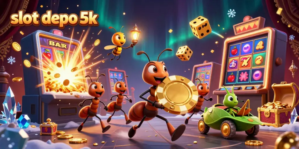 Engage with slot depo 5k as ants execute a heist amidst a jackpot explosion of coins and fun casino elements.