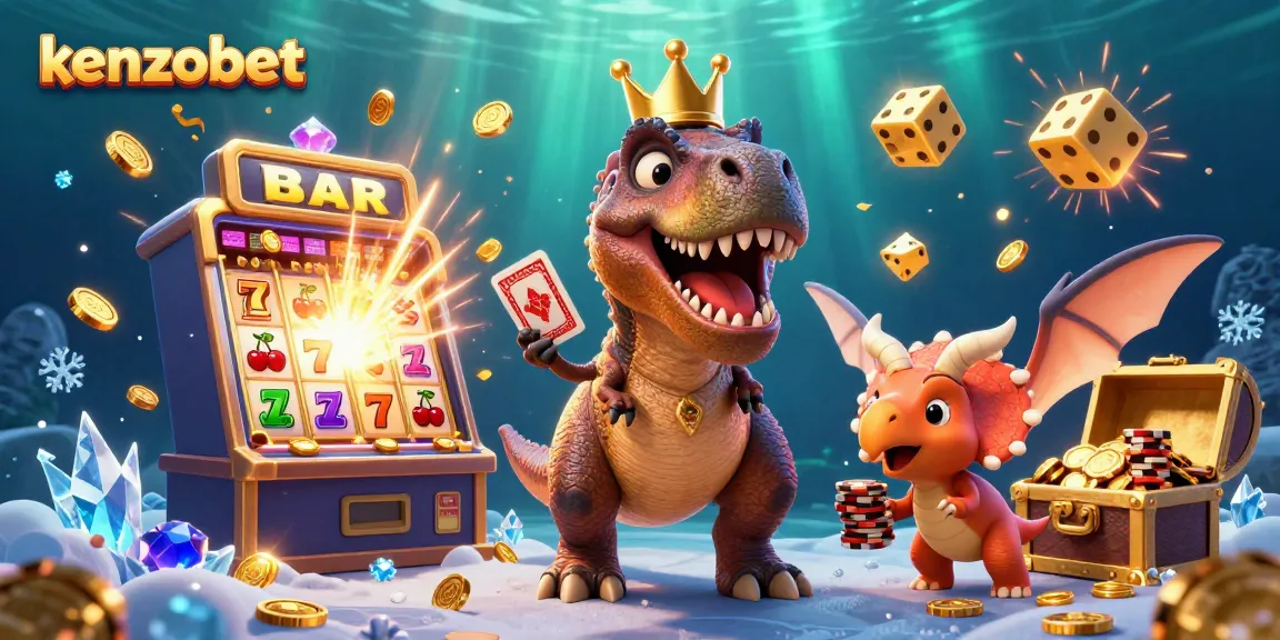 Bermain di kenzobet, Dinosaurus bermain kartu dan chip emas di lingkungan kasino yang cerah.