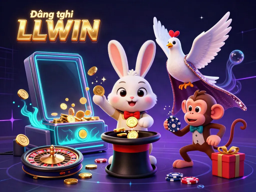Engage with the vibrant realm of Đăng ký LLWIN featuring a magician rabbit, dove, and monkey amidst casino elements.