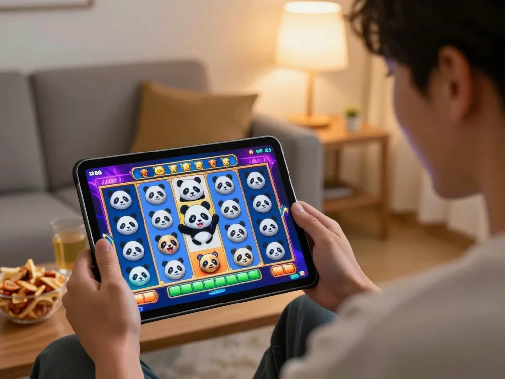 Perayaan kemenangan panda di rumah dengan seorang pemain yang menikmati permainan slot berwarna-warni di tablet.