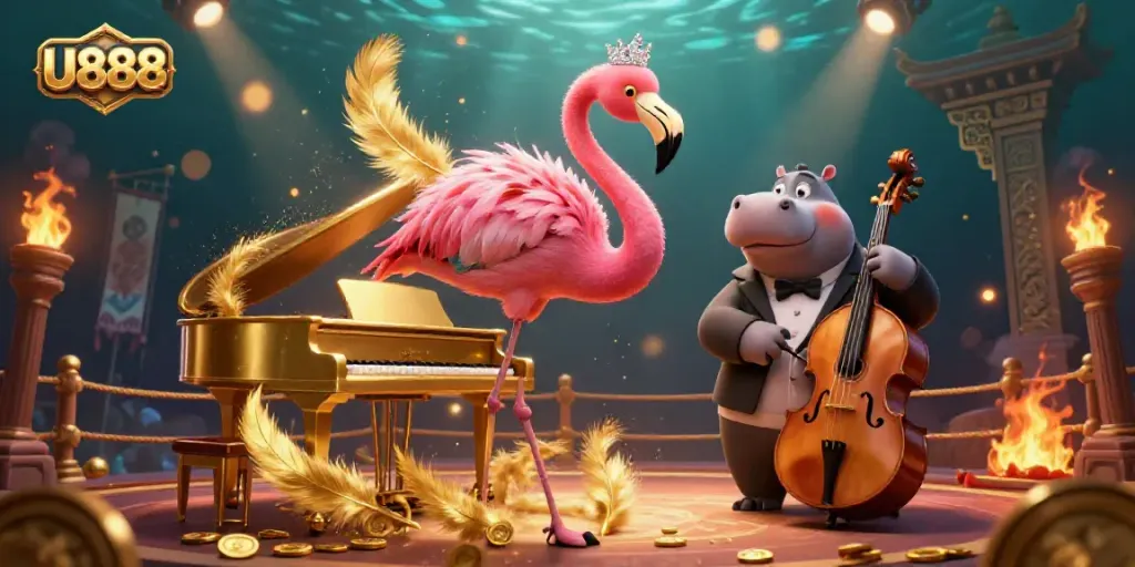 Experience the vibrant U888 casino atmosphere with flamingo singers and a hippo bassist.