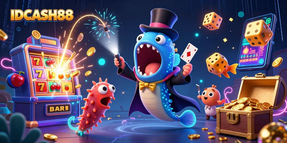 Experience fast gaming with IDCASH88, featuring animated characters performing magic with coins and a vibrant casino atmosphere.