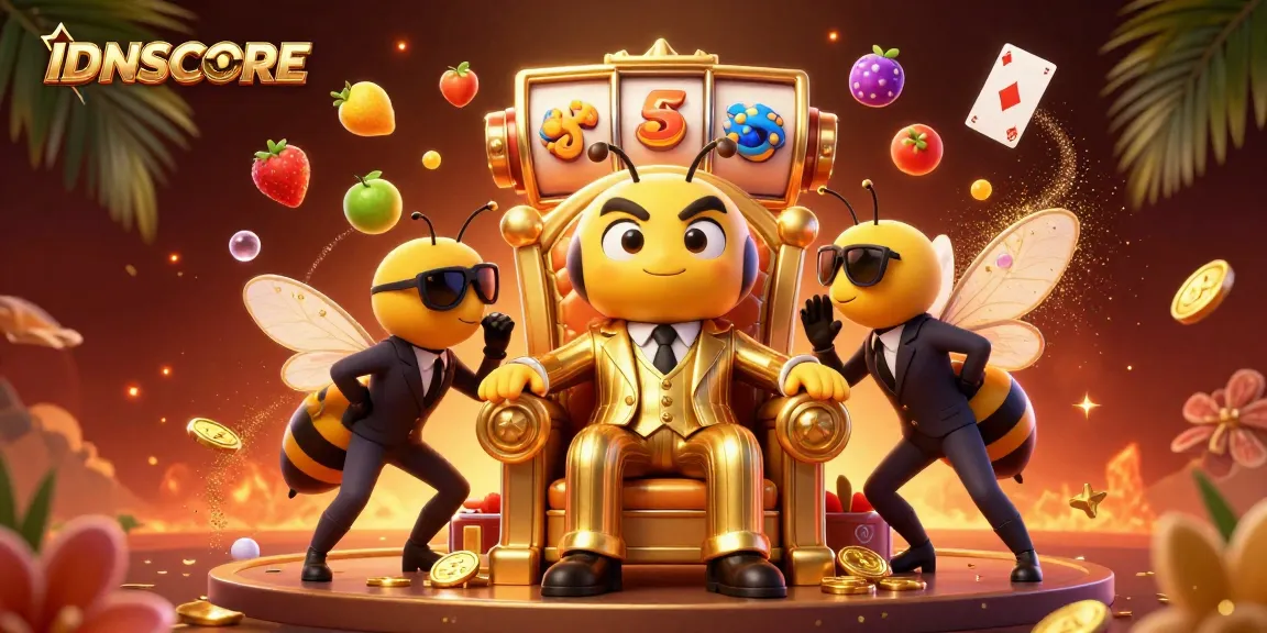 Spin the reels at IDNSCORE with thrilling symbols and vibrant casino elements cascading around dynamic characters.