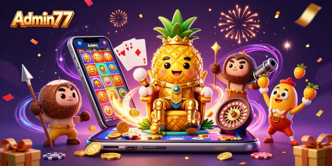 Admin77 captures the excitement of online gaming with vibrant characters and colorful slot action.