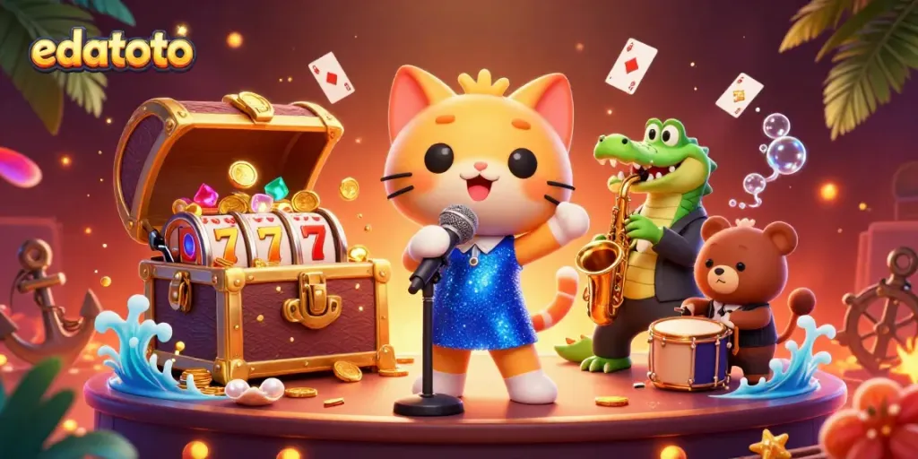 Play with edatoto featuring a jazz-singer cat, crocodile, and bear cub, surrounded by casino-themed elements.