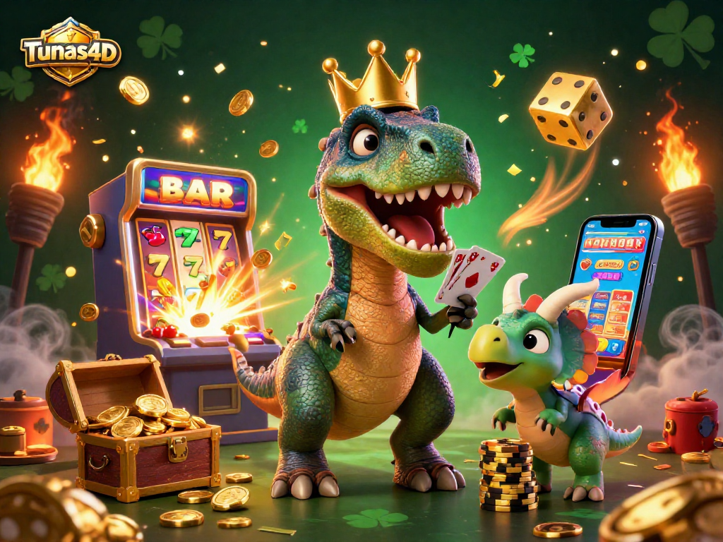 Tunas4D features a friendly T-Rex shuffling cards in an exciting casino scene, showcasing vibrant gambling elements.