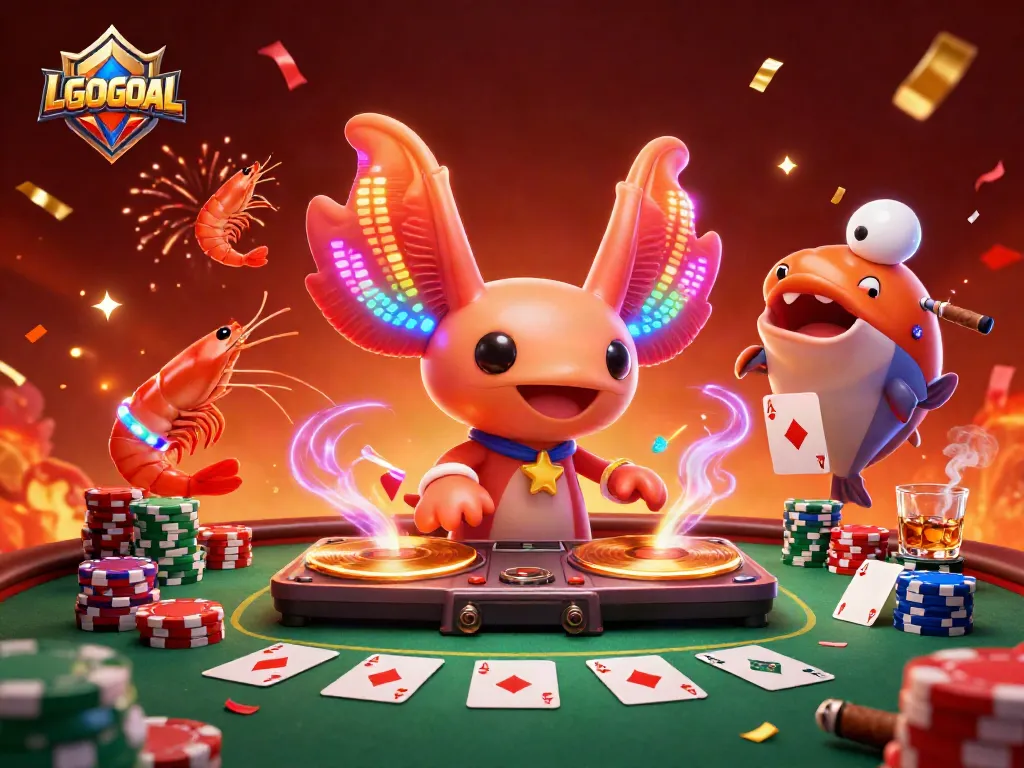 Experience the thrill of LGOGOAL with vibrant gaming energy, featuring a DJ axolotl and lively sea characters.