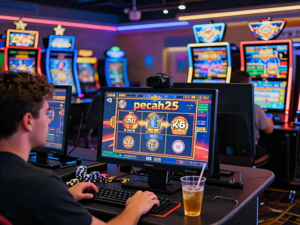 Pemain menikmati pengalaman bermain pecah25 slot dalam suasana kasino online yang ceria dengan mesin slot dan cahaya berkilau.