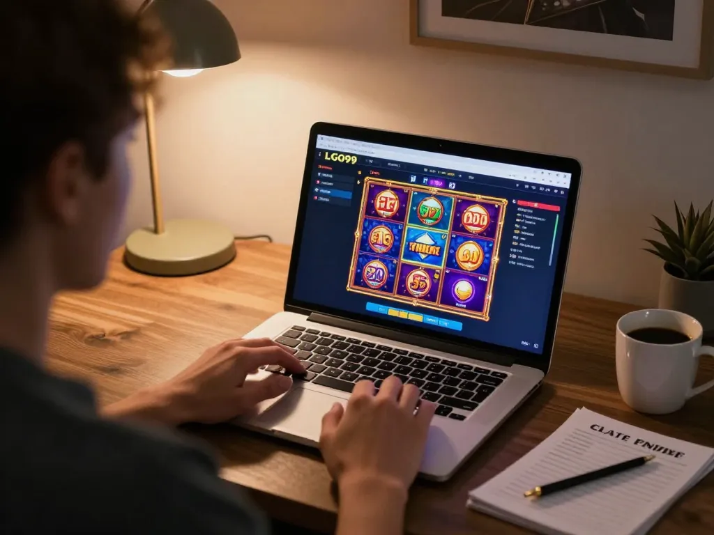 LGO99 engagement in online gaming highlights vibrant slot graphics and a cozy setup for strategic play.