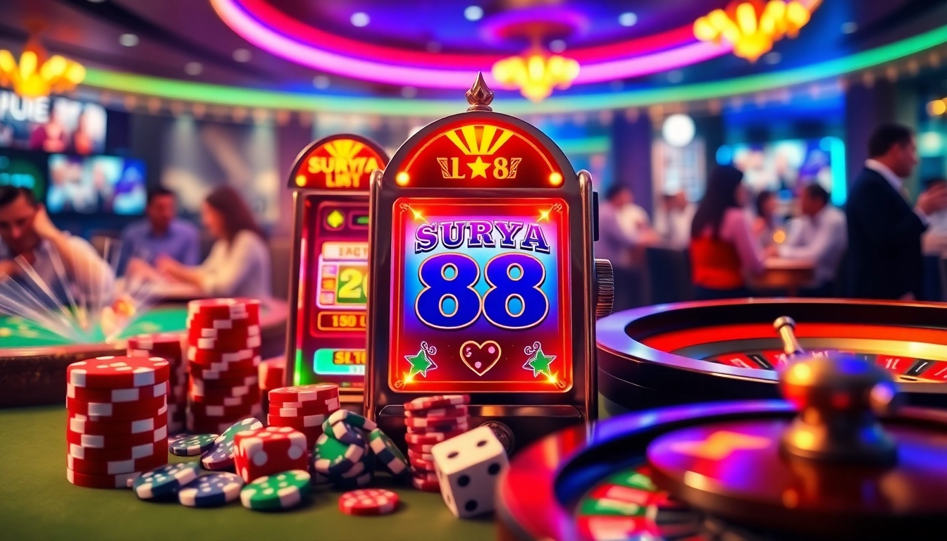 Spin the reels on the SURYA 88 slot machine amidst a thrilling casino atmosphere filled with poker chips and excitement.