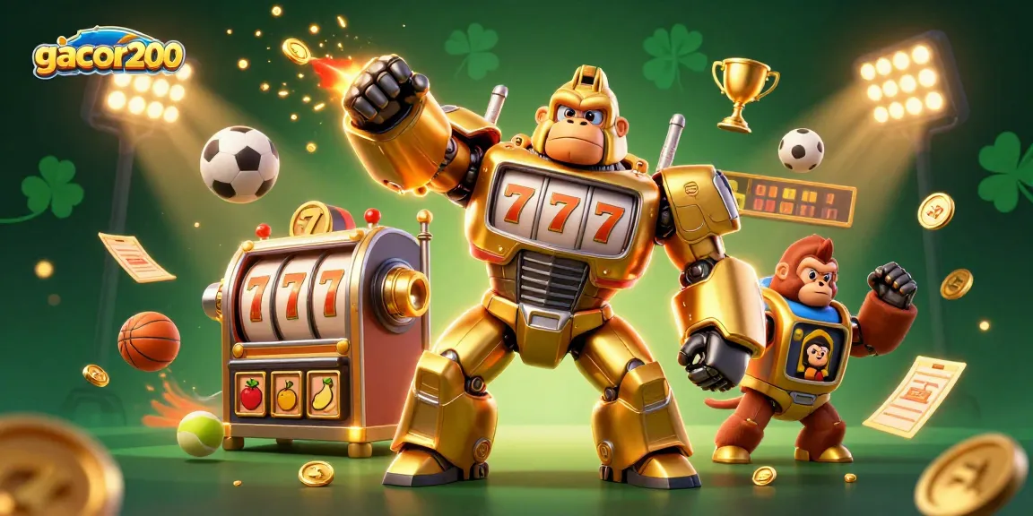 Gacor200 menawarkan jackpot terbesar dengan gorila emas dan simbol slot berputar.