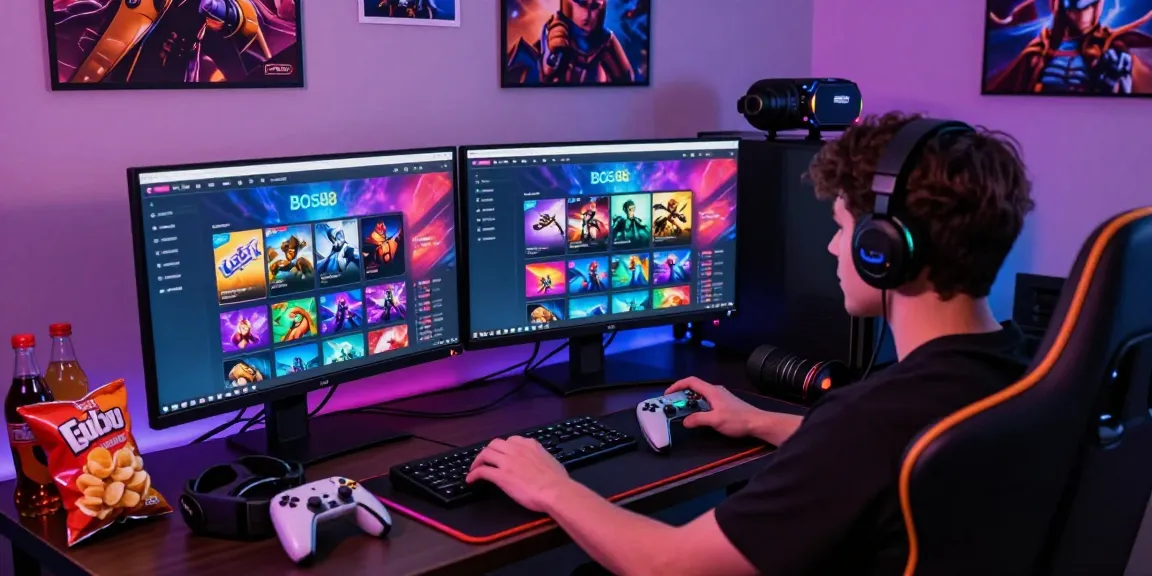 Menampilkan pengguna yang sedang Login BOS88 di perangkat gaming dengan suasana ceria dan pencahayaan RGB.