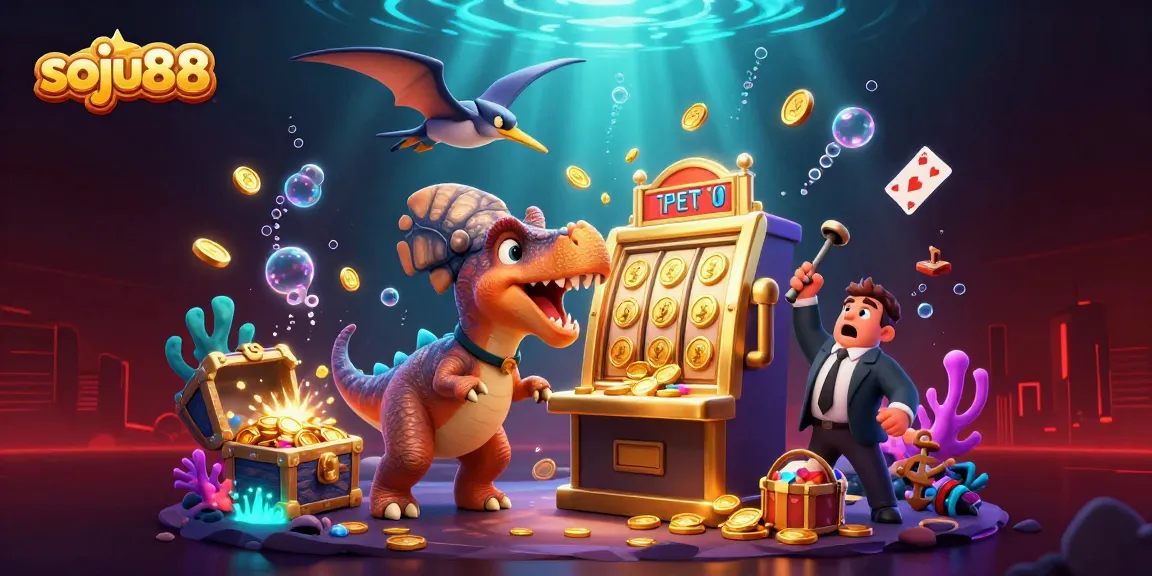 soju88 jackpot win featuring a dinosaur at a golden slot machine and coins catching action