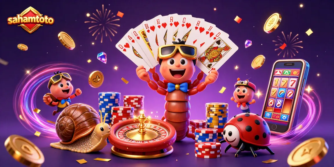 Visualisasikan sahamtoto dengan dealer kartun dan elemen kasino yang penuh warna.