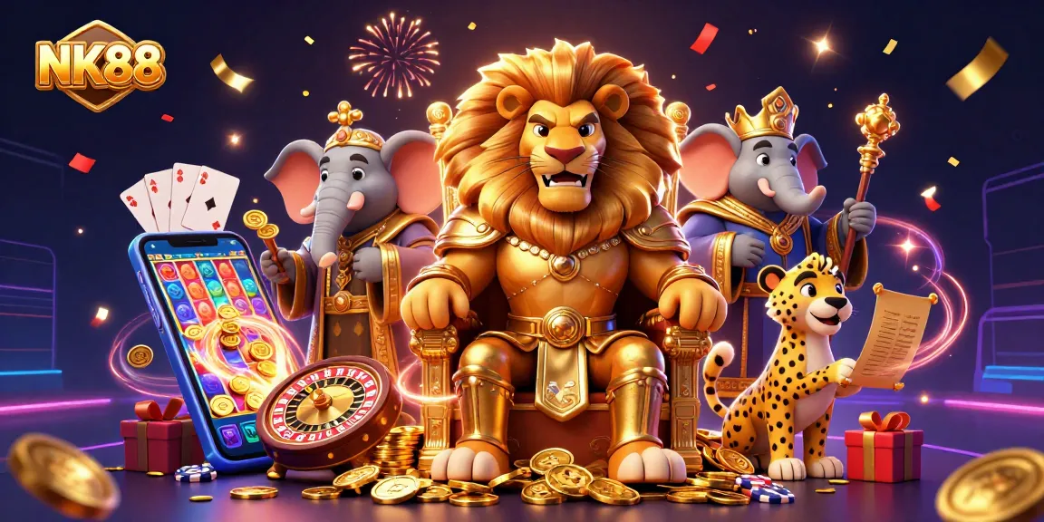 Experience winning moments at NK88 with a royal lion, wise elephant, and swift cheetah in a vibrant casino setting.