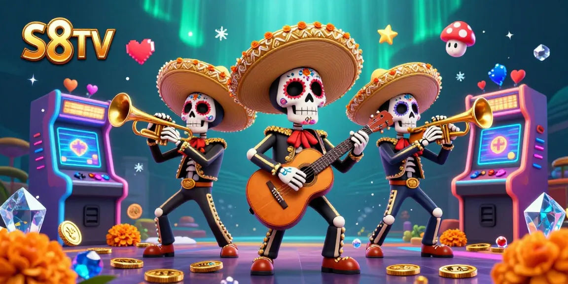 S8TV offers immersive gaming experiences featuring skeleton mariachi characters amidst glowing casino elements and vibrant colors.