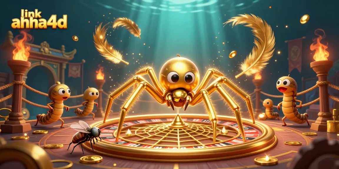 Menang taruhan dengan link ahha4d pada ilustrasi 3D yang menampilkan laba-laba emas dan bandar serangga di arena taruhan.