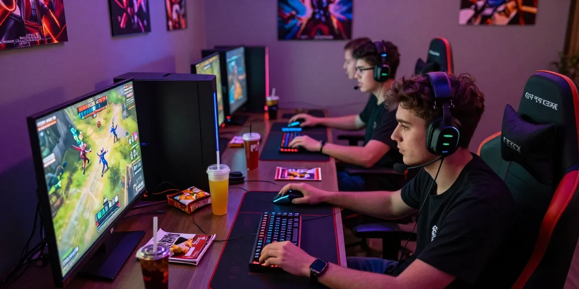 Gamer asyik memainkan UE99 di ruang permainan modern dengan suasana energik.