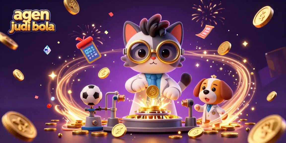 Engage with agen judi bola in a vibrant scene of sports betting excitement with cascading coins and golden trophies.