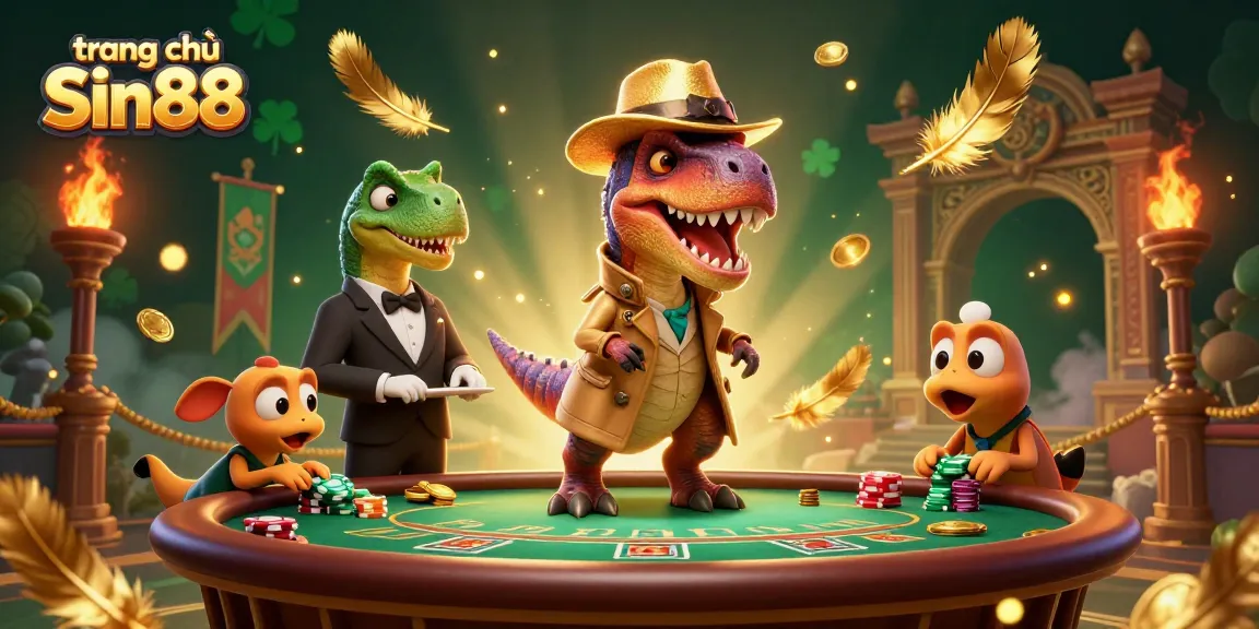 Engaging scene at the trang chủ Sin88 casino with a clever velociraptor card counter and dynamic gaming action.