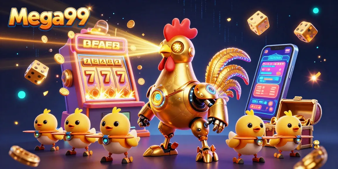 Experience thrilling gameplay with mega99 as the golden rooster robot and chick drones lead a jackpot rush.