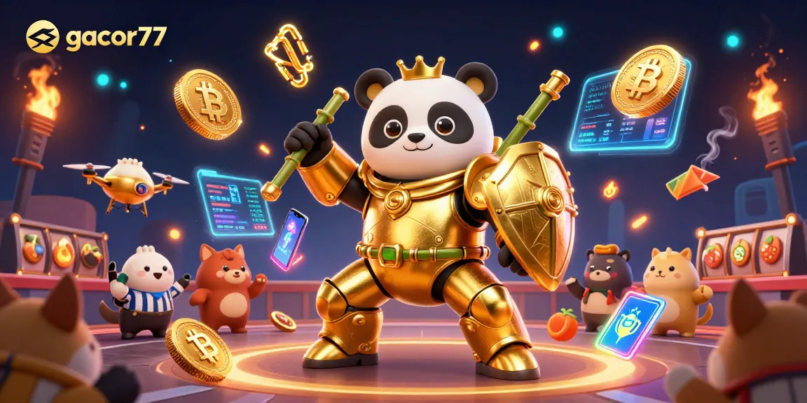 Menghadirkan pengalaman gacor77 dengan panda emas mecha dan simbol buah dalam arena judi yang ramai.